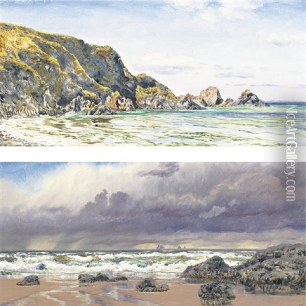 A Rocky Coast (+ A Stormy Day; Pair) Oil Painting - John Brett