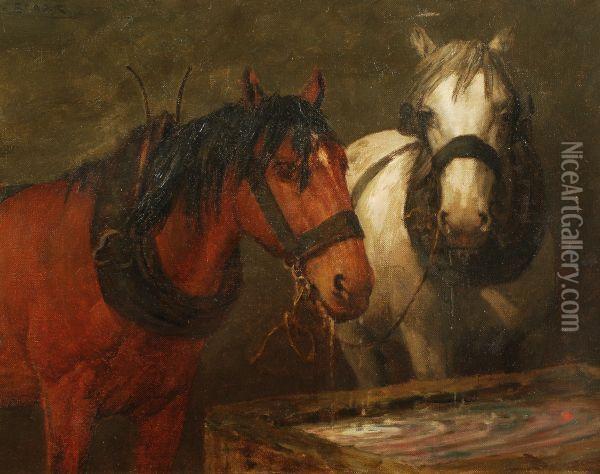 Horses At A Trough Oil Painting - William Barr