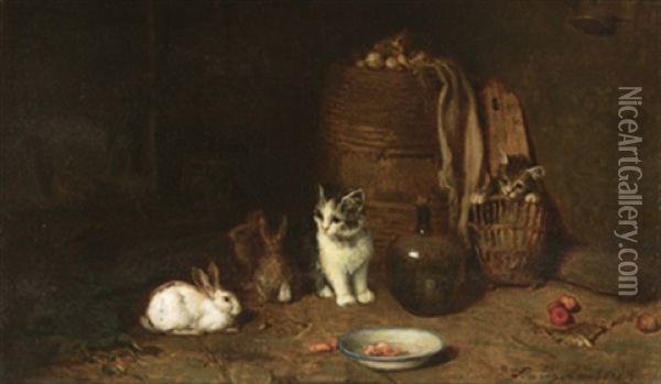 Katzchen Und Hasen Im Stall Oil Painting - Louis Eugene Lambert
