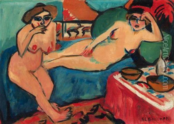 Zwei Akte Auf Blauem Sofa Oil Painting - Ernst Ludwig Kirchner