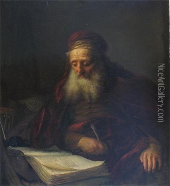 Portrait Of An Old Man Wearing A Red Velvet Coat, Seated Writing Oil Painting -  Rembrandt van Rijn