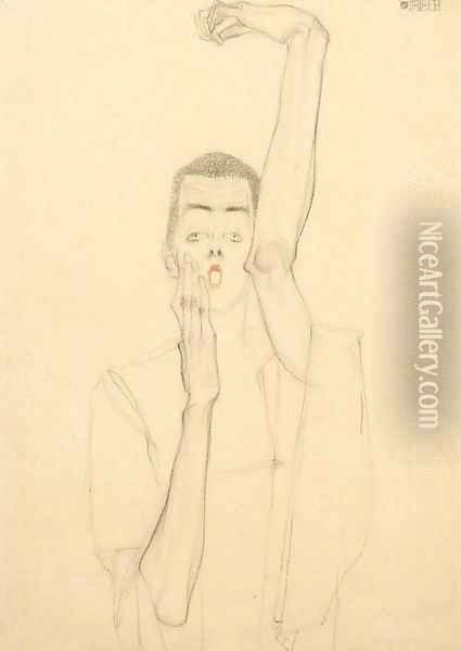 Selbstbildnis mit erhobenem linken Arm und rotem Mund Oil Painting - Egon Schiele