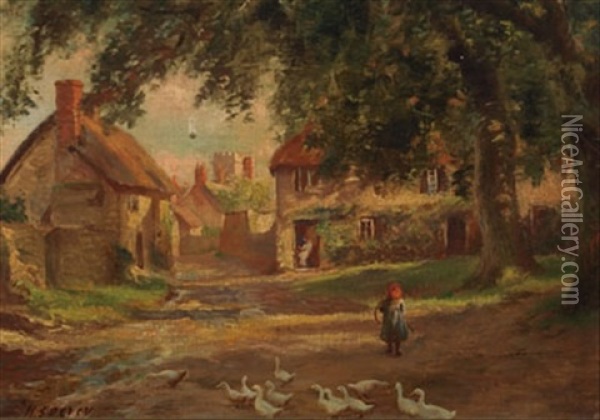 Young Girl And Ducks In A Farmyard Oil Painting - Herbert Sidney Percy