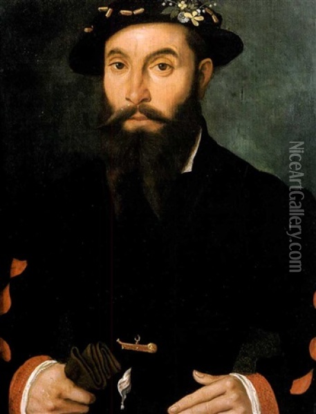 Portrait D'homme Au Chapeau Fleuri Tenant Ses Gants Oil Painting - Willem Key