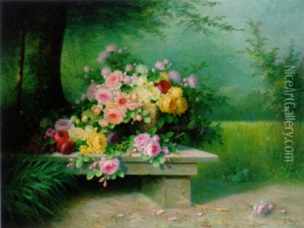Roses In A Basket On A Stone Plinth Oil Painting - Emile Vouga