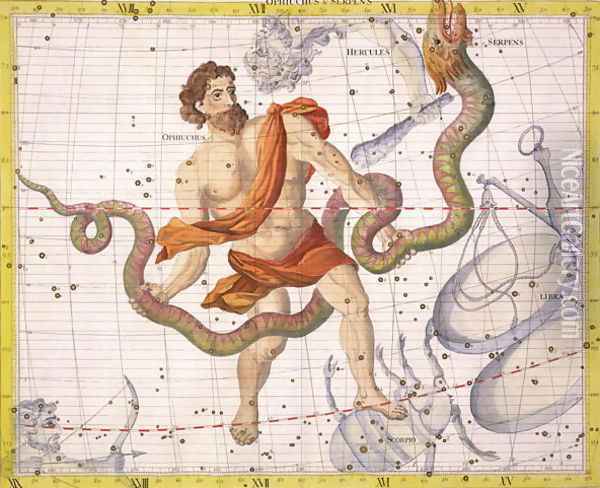 Constellation of Ophiucus and Serpens, plate 22 from Atlas Coelestis, by John Flamsteed 1646-1710, published in 1729 Oil Painting - Sir James Thornhill