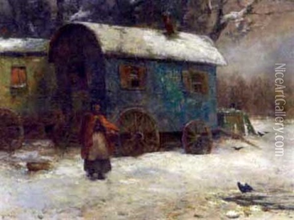 Gypsy Life, Winter Oil Painting - Claude Hayes