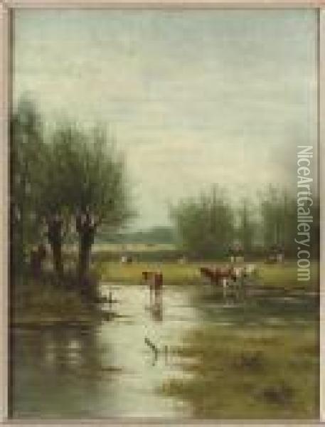 Cattle Watering In A Flooded Field; And A Herder Driving His Cattle Through The Snow Oil Painting - William Frederick Hulk
