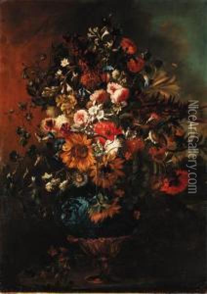 Roses, Sunflowers, Carnations, 
Morning Glory, Lilies And Otherflowers In An Ornamental Vase Oil Painting - Gabriel De La Corte