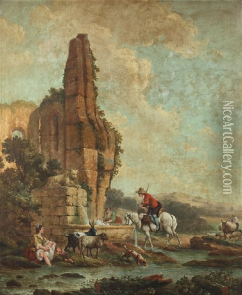 Bergere Et Voyageurs Pres De La Fontaine Oil Painting - Hubert Robert