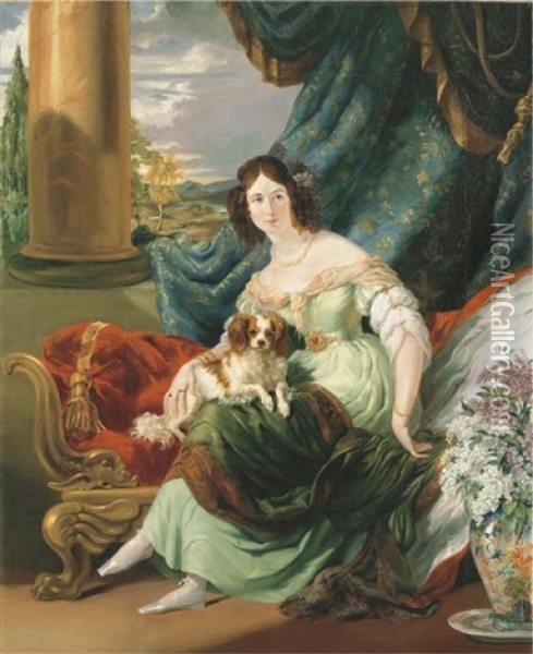 Portrait Of Charlotte, Countess De La Bourdonnaye, In A Green Dress, Seated On A Day Bed, A Dog On Her Lap, An Extensive Landscape Beyond Oil Painting - George Hayter