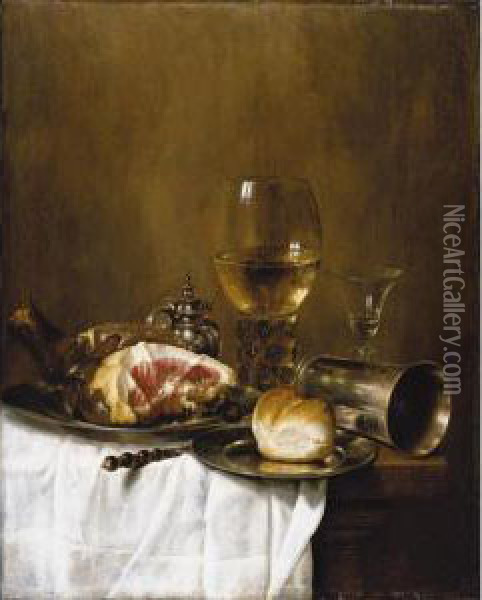 A Still Life Of A Roemer Filled 
With White Wine, A Wine-glass, A Silver Beaker On Its Side, A Ham And A 
Bread-roll On Pewter Plates, All Arranged On A Wooden Table Partly 
Draped With A White Cloth Oil Painting - Willem Claesz. Heda