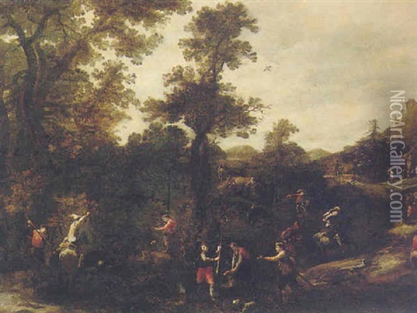 A Wooded Landscape With A Boar Hunt Oil Painting - Giuseppe Maria Crespi