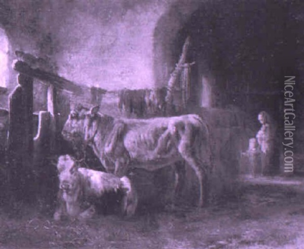 Cows In A Barn Oil Painting - August Robert Zimmermann