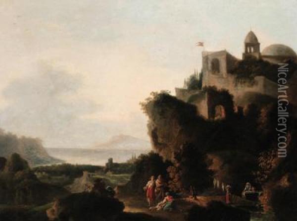 An Italianate Coastal Landscape With Peasants Before A Fortifiedhilltop Castle Oil Painting - Francesco Zuccarelli