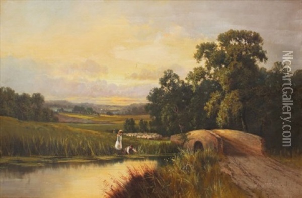 Panoramic Landscape With Figures By A Covered Bridge With Small Stream Oil Painting - Frank Hider