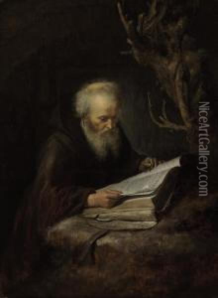 A Hermit Saint Reading In A Cave Oil Painting - Gerrit Dou
