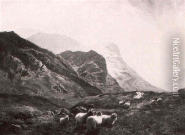 Sheep In A Mountainous Welsh Landscape Oil Painting - Arthur Gilbert
