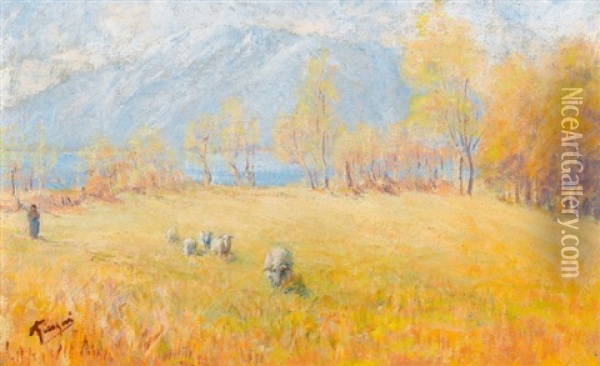 Herbstliche Wiese Mit Schafherde Vor Einem See Oil Painting - Albert Henri Charles Franzoni
