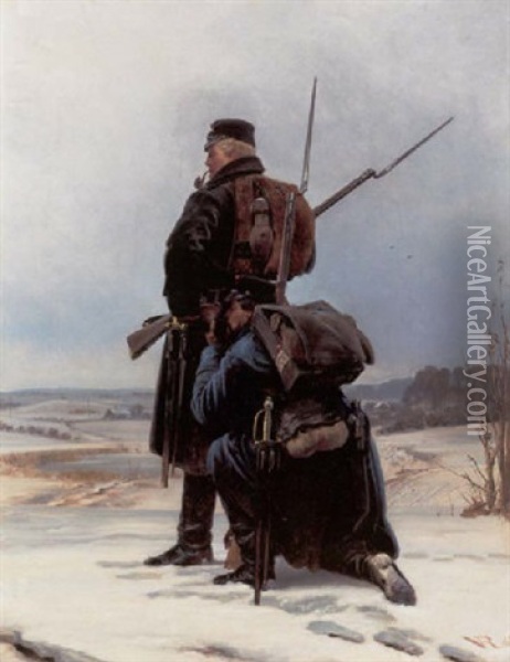 Scene Fra Trearskrigen, En Soldat Drikker Af Kammeratens Feltflaske, Vinter Oil Painting - Vilhelm Rosenstand