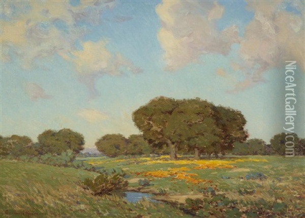 California Poppies And Oaks Oil Painting - Granville S. Redmond