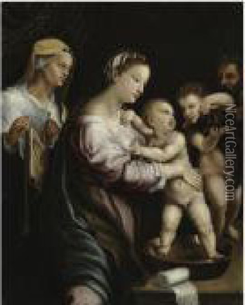 The Holy Family With The Infant Saint John The Baptist And Saintelizabeth Oil Painting - Giulio Romano