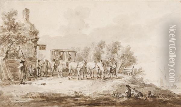 Figures By A Carriage In Front Of Aninn Oil Painting - Dirck Langendijk