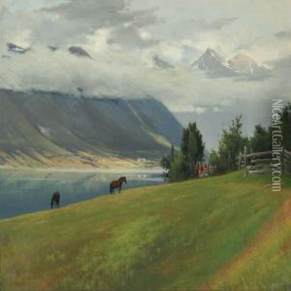 Mountain Landscape With A River And Grazing Horses Oil Painting - Sigvard Hansen