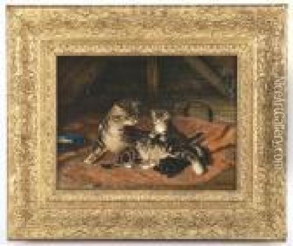 A 
Mother And Her Three Kittens Oil Painting - John Henry Dolph