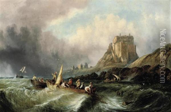 Fishermen Hauling In Their Catch In A Heavy Swell Below Lindisfarnecastle, Holy Island Oil Painting - William Calcott Knell