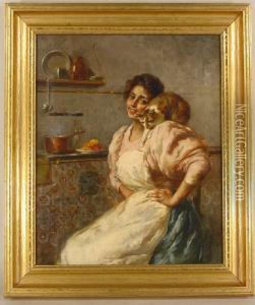 Woman Inkitchen With Cat On Shoulder Oil Painting - Nicola Biondi