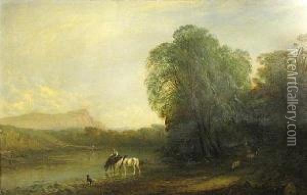 A River Landscape With A Rider Oil Painting - Thomas Baker Of Leamington