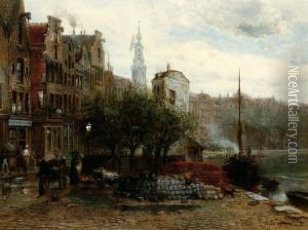 View Of Amsterdam In The Rain With To The Left A 'wijn- En Bierhuis' Oil Painting - Pierre-Henri-Theodore Tetar van Elven