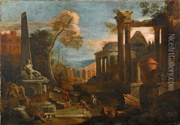 Landscape With Classical Ruins And Figures Oil Painting - Marco Ricci
