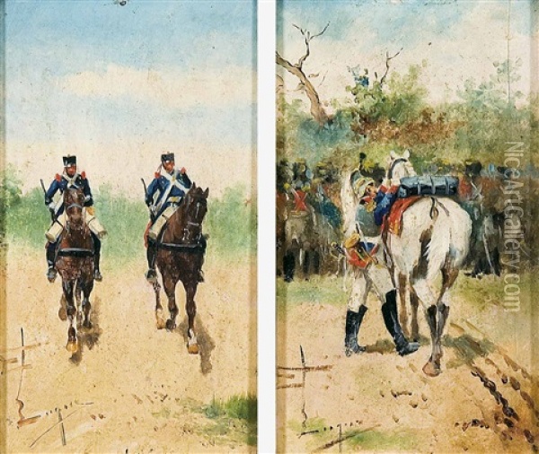 Soldados A Caballo (pair) Oil Painting - Joaquin Luque Rosello