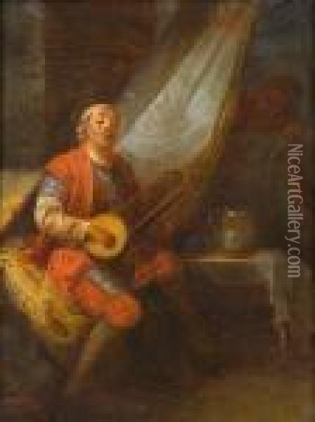Musician In A Russian Costume Seated By A Bed Oil Painting - Jean-Baptiste Le Prince