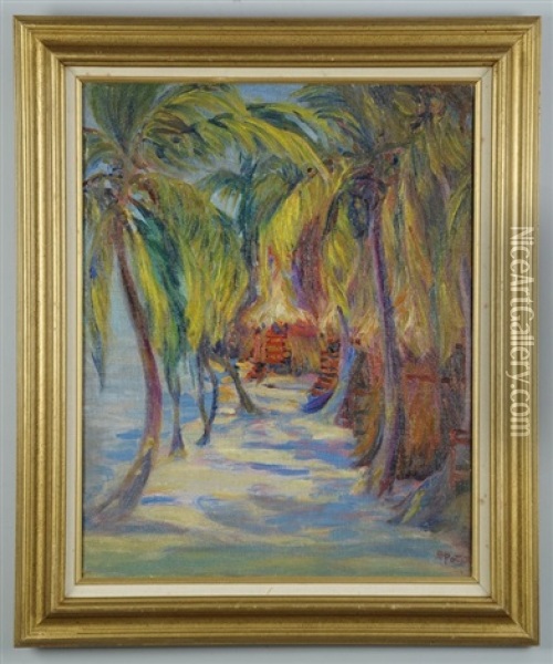 Untitled (tropical Landscape Of A Hut On A Beach, Under A Grove Of Trees) Oil Painting - Bertha Herbert Potter