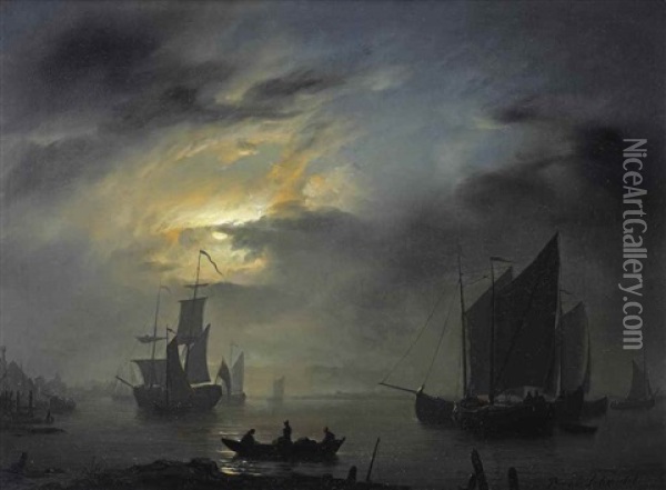 Marine Scene At Night Oil Painting - Petrus van Schendel