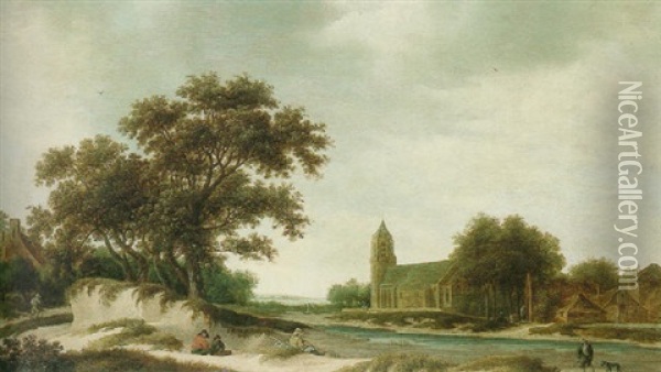 Village Landscape With A Church Beyond Oil Painting - Guillam Dubois