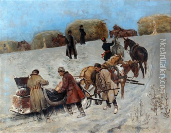 Sleds In The Snow Oil Painting - Henryk Piatkowski