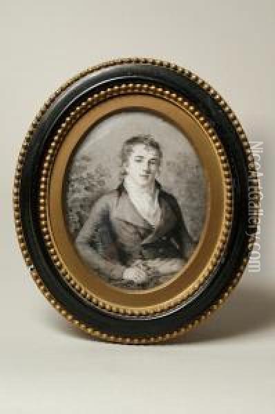 A Miniature Portrait Of George 
Haldinand, Seated On A Wicker Chair, Wearing Coat And Breeches Oil Painting - Firmin Massot