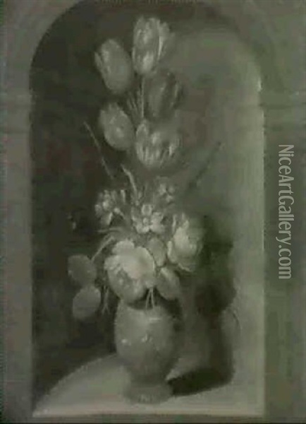 Bouquets De Fleurs En Grisaille Sur Fond De Niche           (2) Oil Painting - Ferdinand van Kessel