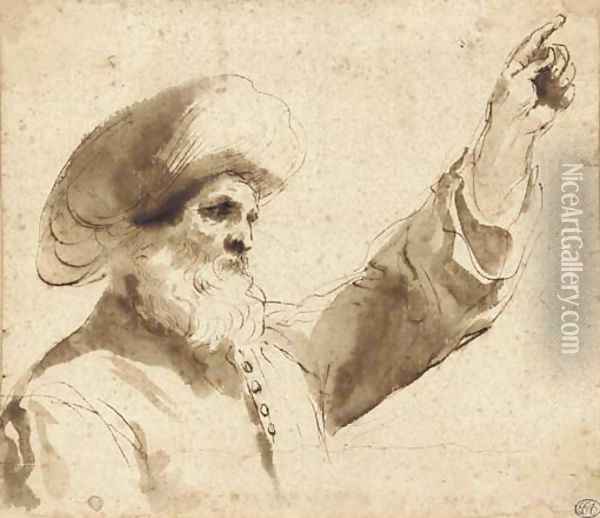 A man wearing a turban in profile to the left, raising his left hand, bust-length Oil Painting - Giovanni Francesco Barbieri