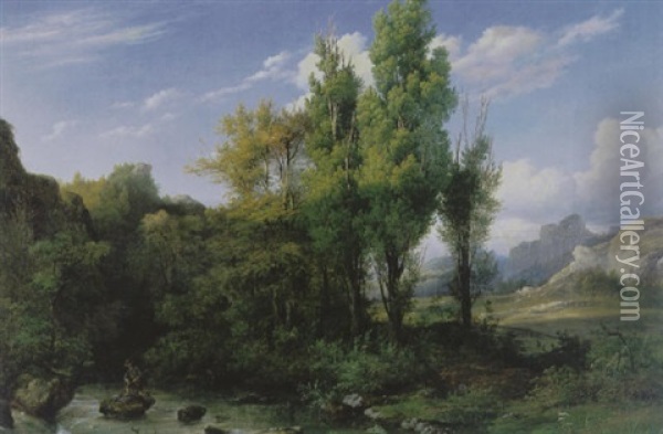 Bosachtig Berglandschap Met Visser Bij Een Beekje Oil Painting - Cornelis Lieste
