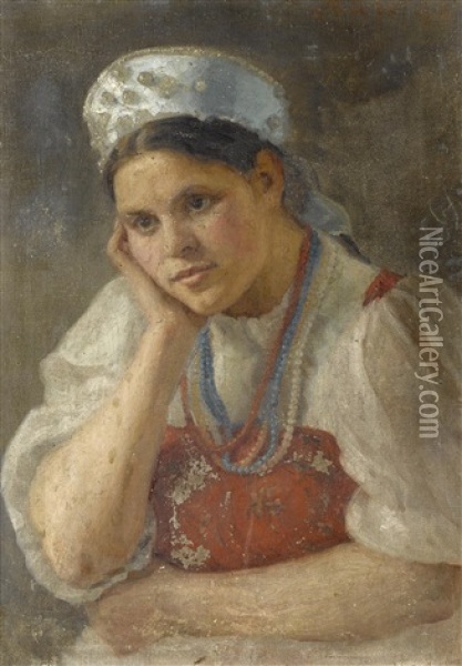 Portrait Of A Young Woman In Kokoshnik And Traditional Costume Oil Painting - Maria Viktorovna Shreter