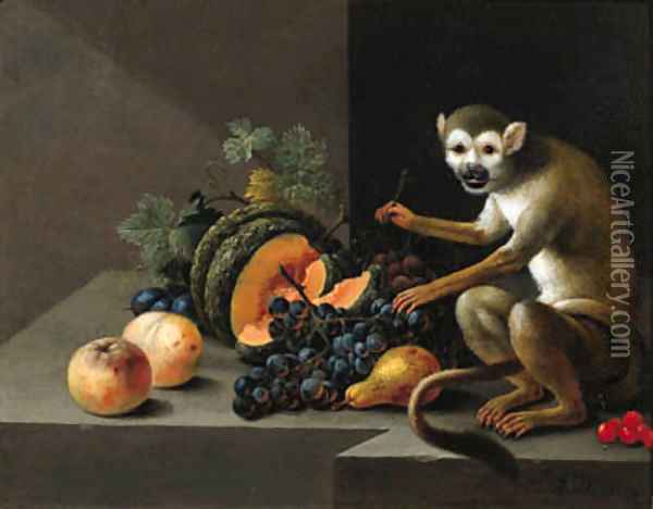 A monkey with grapes, peaches, a melon and other fruit on a stone ledge Oil Painting - Johann Amandus Winck