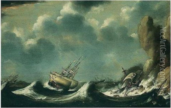 Dutch Shipping In A Gale Off A Rocky Coast Oil Painting - Claes Claesz. Wou