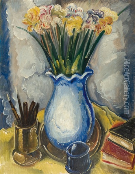 Schwertlilien In Blauer Vase Oil Painting - Paul Kleinschmidt