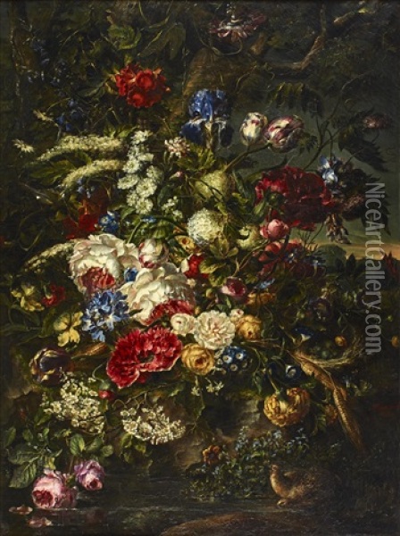 Still Life With Flowers And Birds Oil Painting - Louis Pierre Schilt
