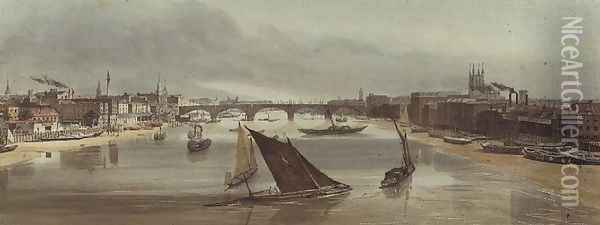 London Bridge from Southwark Bridge (Monument on left), 1842 Oil Painting - Thomas Shotter Boys